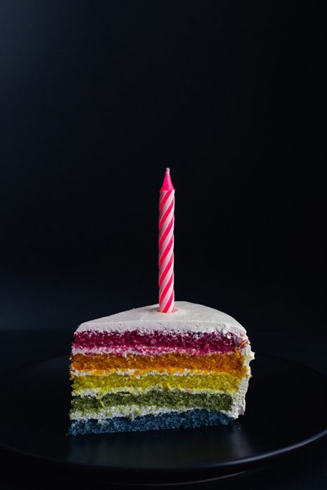 part de gâteau d'anniversaire coloré avec une bougie